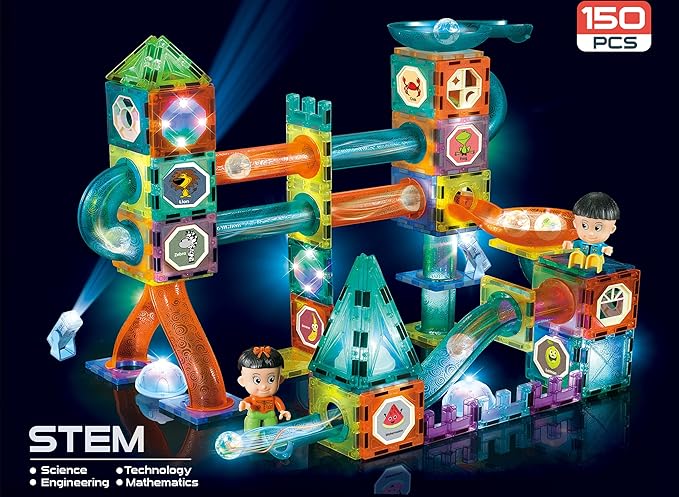 UNIQUE KIDS Magnetic Tiles Building Blocks with Marble Run - Engaging STEM/STEAM Toys for Kids - Educational and Fun - Perfect Christmas and Birthday Gift (150 PCS)