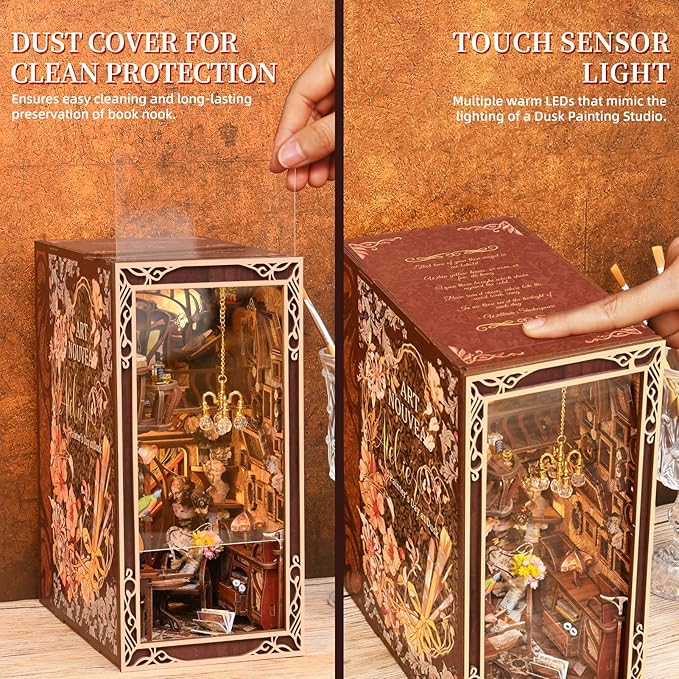 Book Nook Kit, DIY Miniature Dollhouse Booknook Kit, 3D Wooden Puzzle Bookend Bookshelf Insert Decor with LED Light for Teens and Adults, Painter's Day at Dusk