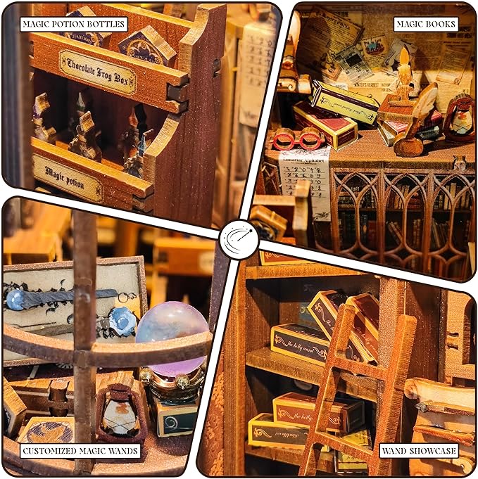 DIY Book Nook Kit,DIY Miniature Dollhouse kit,3D Wooden Puzzle Magic Bookend Bookshelf Insert Decor with Led Light,Gifts for Adults Teens and Beginners -Magic Wand Shop(SQ-51)