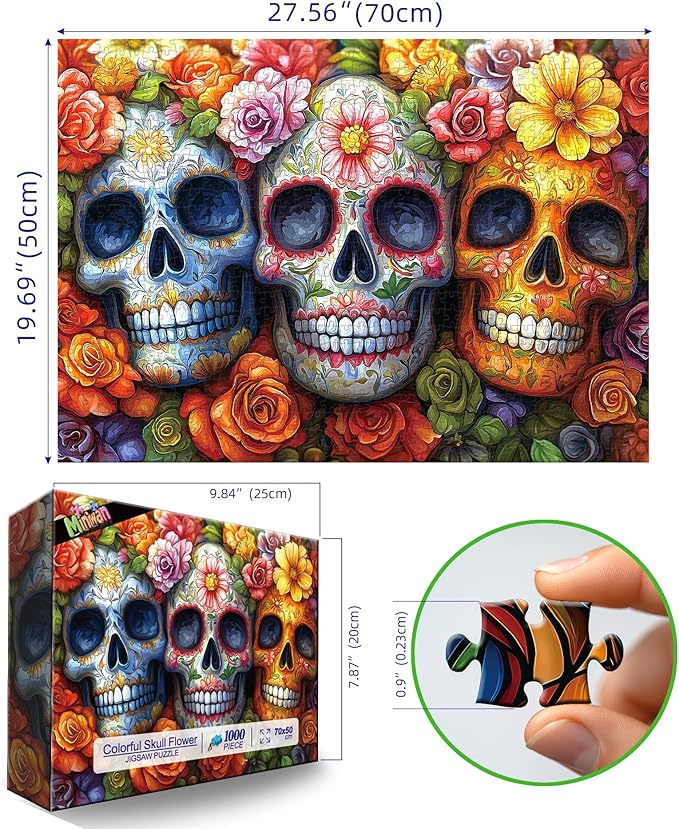 Day of The Dead Sugar Skull Puzzle - 1000 Piece Jigsaw Puzzle for Adults | Halloween & Dia de Los Muertos Decor | Colorful Flower Skeleton Design | Perfect for Family Fun & Gifts