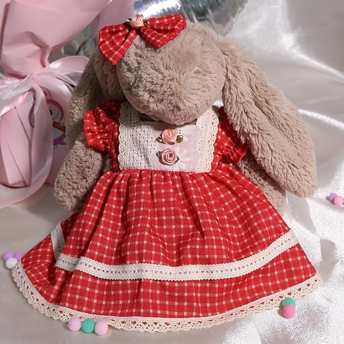 31cm(12") Bashful Bunny Clothes, Cute Plush Animal Clothes for Meddium Teddy Bear - Red Grid Bubble Sleeve Dress & Bow Clip Set (Clothes Only)