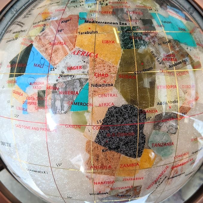 Limited Edition! Unique Art Since 1996 Pearl Swirl Table Top Gemstone World Globe with Tripod Vintage Copper Zinc Alloy Stand (220MM/9 INCHES/PEARL OCEAN/COPPER)