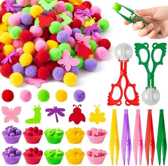 EZdhuawuse Fall Insects Sensory Bin Fillers Toys - 268 Color Counting Sorting Fine Motor Toys Set for Kids, Felt Dragonfly Butterfly Pom Poms Cups Clips for Preschool Education Birthday