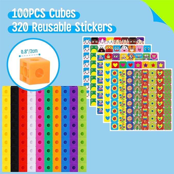 100 Math Linking Cubes, Math Cubes with 320 Reusable Stickers Manipulative Geometric Shapes Connecting and Counting Snap Blocks for Early Math & Construction, Educational Toy for Preschool, Homeschool