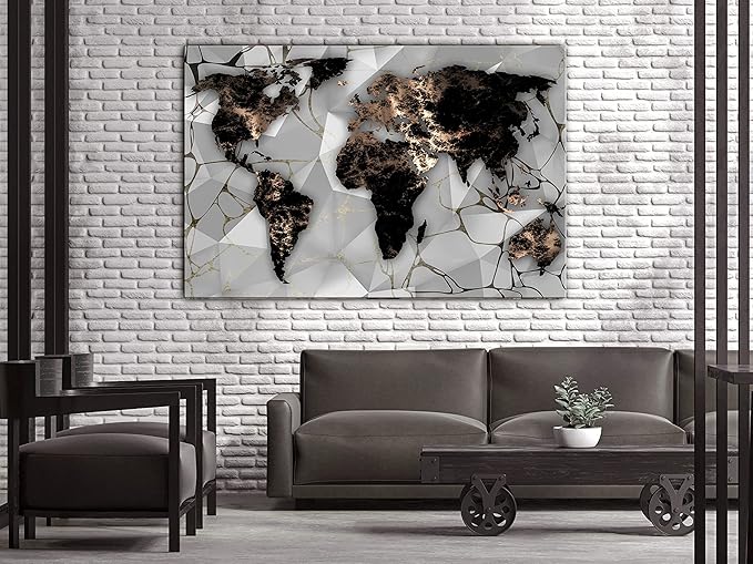 artgeist Textured Canvas Wall Art World Map 24x16 in - 1pcs Painting Canvas Prints Picture Artwork Image Framed Modern Photo Wall Home Marable Black k-C-10012-b-a