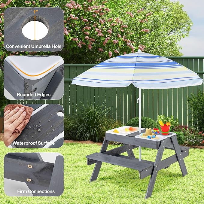 Costzon Kids Picnic Table with Sensory Bins, 4 in 1 Sand and Water Table with Height Adjustable Umbrella, Removable Tabletop, Wooden Kids Outdoor Table for Backyard Patio Play