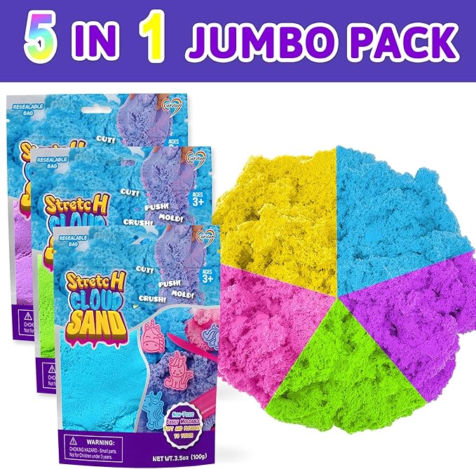 Colorful Stretchy Sensory Sand Kit,Value Pack of 5 Colored Moldable Play Sand for Kids,Bulk Refill for Sensory Bin,Sensory Toys for Molding,Perfect Travel Toys for Girls and Boys Ages 3+