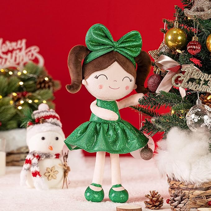 Gloveleya Christmas Baby Doll – Soft Plush Girl Toy in Green Dress, Doll for Kids, Xmas Décor & Keepsake, 12 Inches