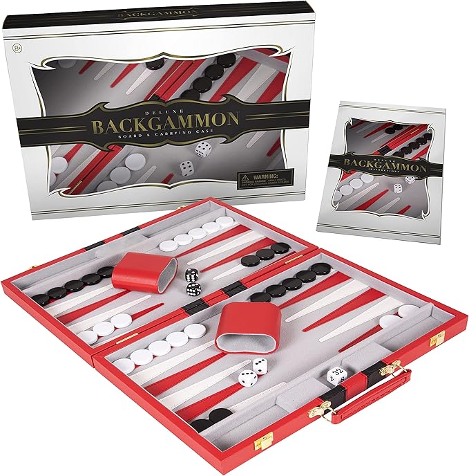 Backgammon Set 18 inch, Large - Classic Board Game for Adults and Kids with Premium Leather Case - Includes Strategy & Tip Guide (Red)