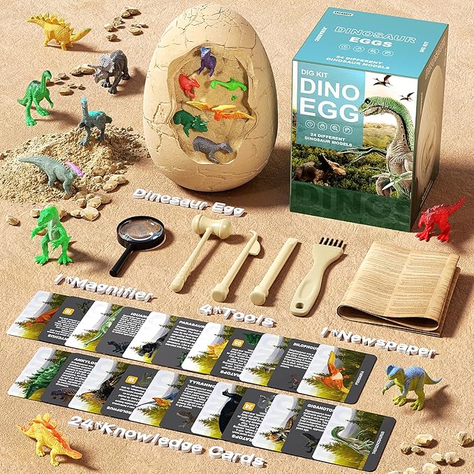 24 Dinosaurs Excavation Kit, Dino Egg Dig Kit with Magnifier, Surprise Dinosaur Toys for Kids 3 4 5 6 7 8 9 10 11 12 Years Old, Science Experiments STEM Birthday Party Favors Gifts for Boys & Girls
