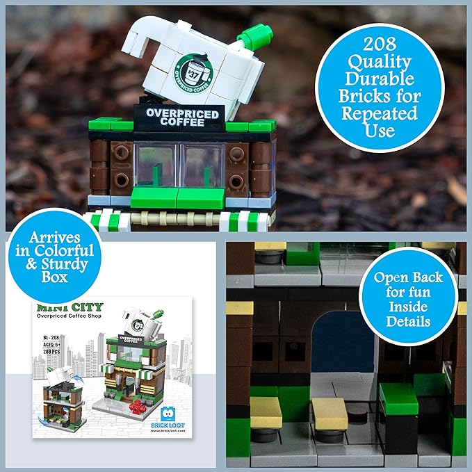 Brick Loot Mini City Coffee Shop Building Set - 208 Pieces, Toy Building Blocks, Compatible with Lego and Major Brands, Includes Barista Minifigure, Fun Toy for Kids and Adults, Ages 6+