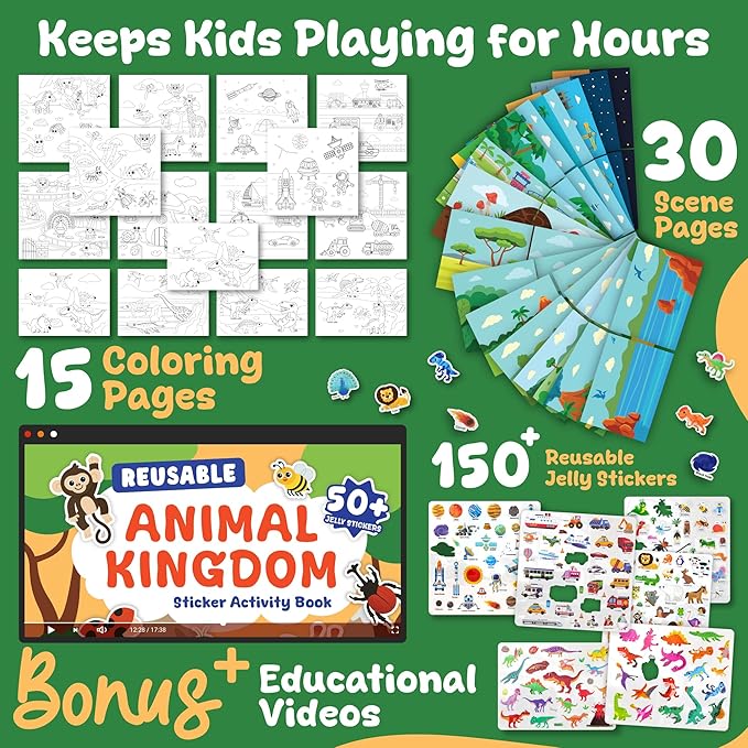 Excool Club Pack 3 Toddler Reusable Sticker Book - Waterproof Jelly Sticker Book for Kids, Dinosaur, Vehicle, Animal Stickers Books Travel Toys Activities, Cute Birthday Gifts for Boy Girl