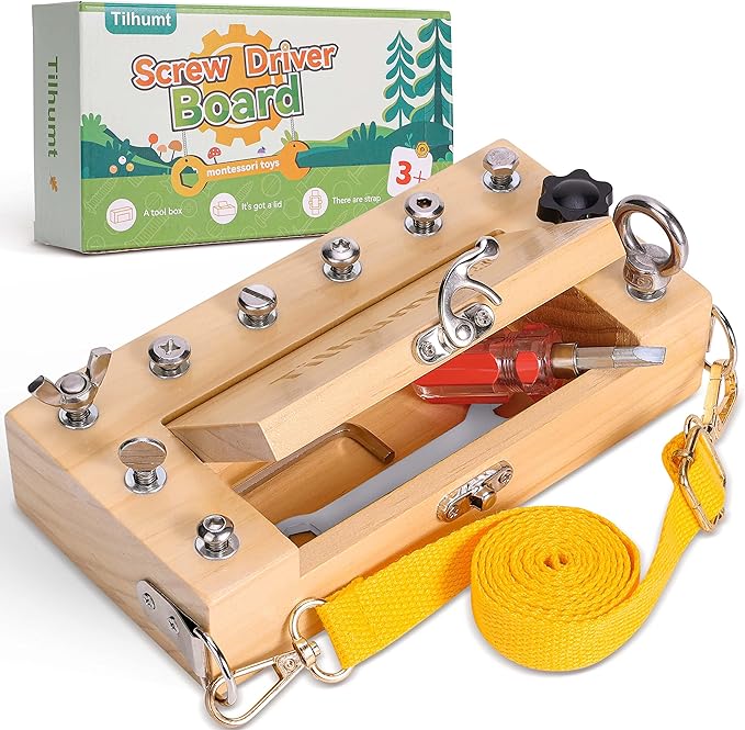 Tilhumt Montessori Screwdriver Board Set - Portable Busy Board Screwdriver Toy Set for 3-5 Toddlers for Travel with Carry Strap & Storage Box, Kids Nut/Bolt Montessori Educational Tools