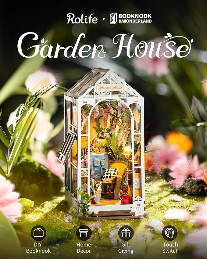 Rolife DIY Book Nook Kits for Adults-Garden House Bookshelf Insert Booknook-3d Puzzle Dollhouse Room Decor for Teen Girls Boys Women Men