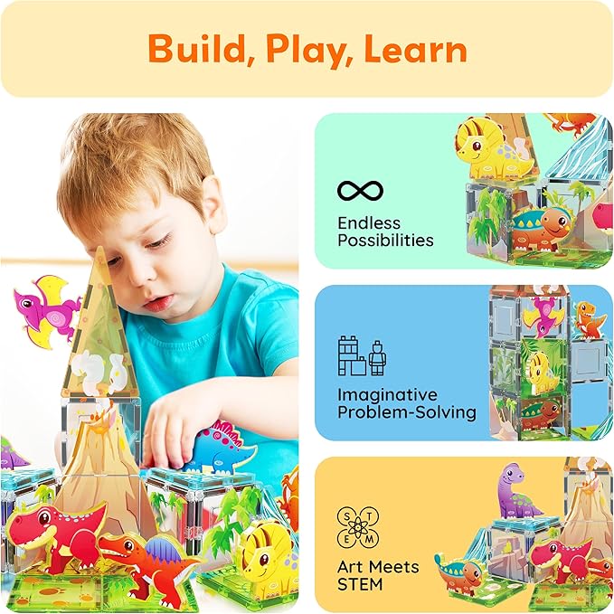 PicassoTiles Magnet Tile Building Blocks Dinosaur World Themed Playset with 8 Animal Character Action Figures Magnetic Tiles STEM Learning Pretend Play Toy Construction Set Boys Girls Ages 3+ PTQ23