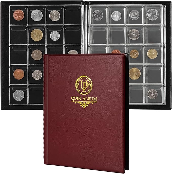200 Pockets Coin Album - Coin Collecting Book with 10 Pages, 33x33 mm Grid Holder for Pounds Pence Cents Dollars Nickel (Red) CS48200RE
