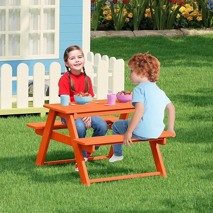 Costaelm Kids Picnic Table, HDPE All Weather Outdoor Toddler Picnic Table and Chair Set Kids Bench for Patio, Backyard, Garden, Lawn, Orange