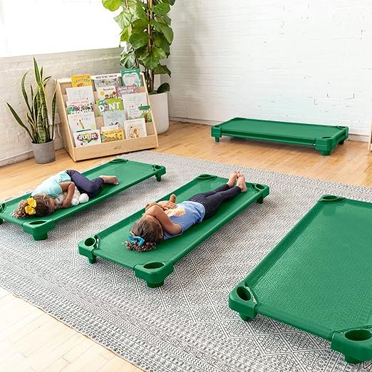 ECR4Kids Stackable Kiddie Cot, Ready-to-Assemble, Standard Size, Classroom Furniture, Green, 6-Pack
