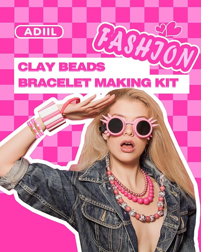 ADIIL 7200pcs Clay Beads Bracelet Making Kit, 6mm Polymer Heishi Beads for Jewelry Making, Friendship Bracelet Kit Birthday Gift for Adults Hot Pink