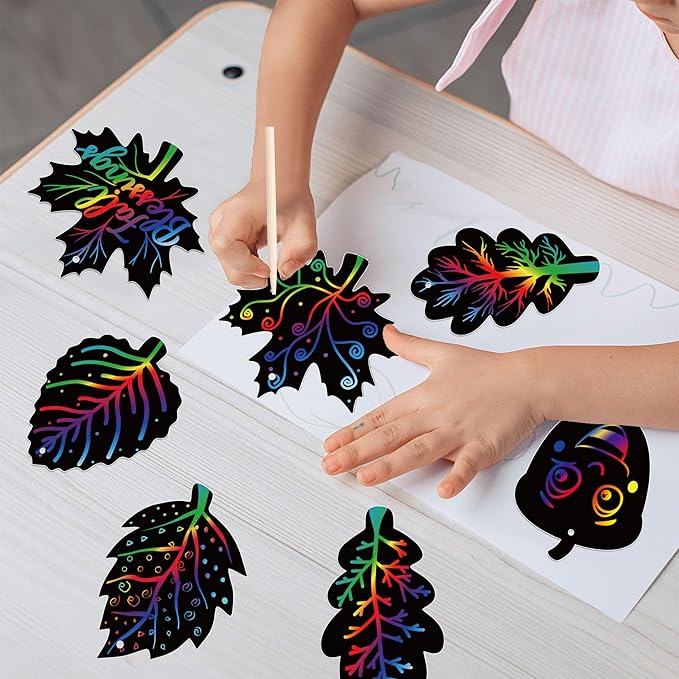 90shine 60 Sets Fall Crafts for Kids Black Scratch Autumn Leaves Magic Craft Art Kit Thanksgiving Classroom Preschool Activities Party Favors