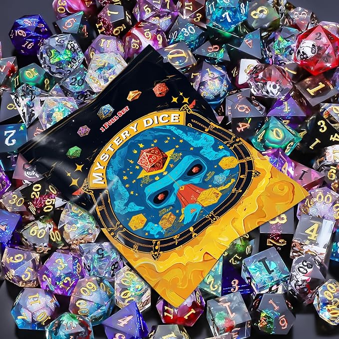 QMAY Resin Mystery Dice Set, 7 Pcs Handmade Sharp Edge Polyhedral Dice, Random Various Styles DND Dice & Dice Bag, DND Gifts, Suitable for Dungeons and Dragons, RPG, MTG,Role Playing Table Game