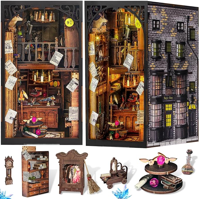 DIY Book Nook Kit, 3D Wooden Puzzle Miniature Booknook Bookend Bookshelf Decor with LED Light, Dust Cover, Book Nook Kits for Adults Teen (Magic Wand Shop)
