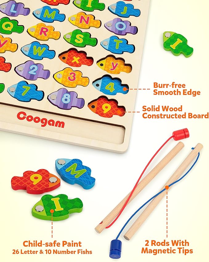 Coogam Magnetic Alphabet Numbers Fishing Game, Wooden ABC Letter Numbers Color Matching Puzzle Fine Motor Montessori Educational Toy for Preschool 3 4 5 Year Old Toddlers