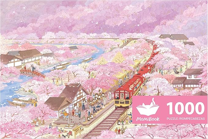 MOMIBOOK 1000 Piece Puzzle for Adults Jigsaw Puzzles of Arashiyama Sakura Tour, Painting Image Cherry Blossom Difficult Challenging Impossible Puzzle Unique Party Christmas Birthday Gifts