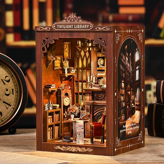 ISSEVE Book Nook Kit, DIY Miniature House Kit for Adults Teen Beginners, Dollhouse Mini Booknook Kits, Tiny House Bookshelf Decoration, 3D Wooden Puzzles Crafts Gifts (Twilight Library)