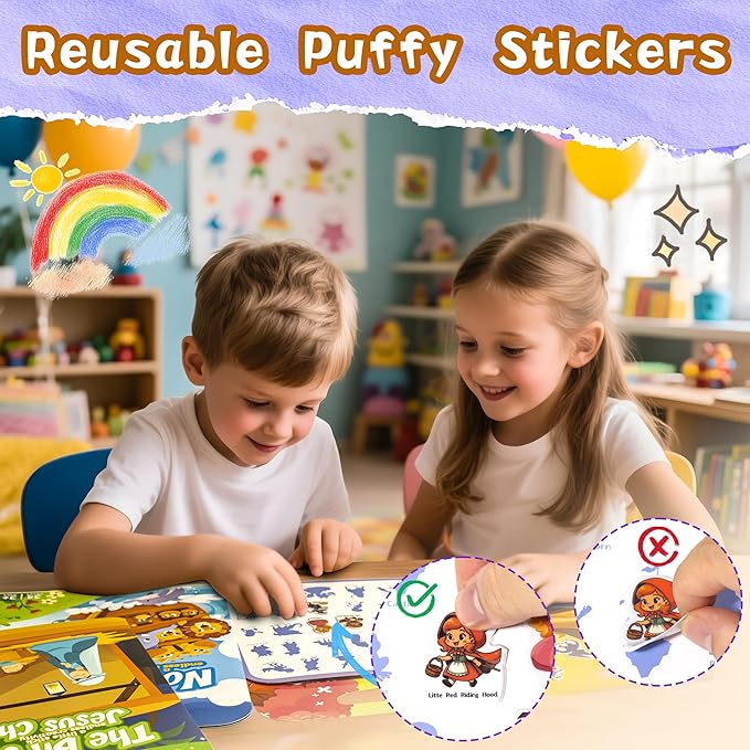 3 Pack Reusable Sticker Books for Kids, Waterproof Puffy Stickers - Match and DIY Scene, Toddler Travel Essential Activities Toys - Christianity Jesus, Noah's Ark and Fairy Tales (2-6 Age)