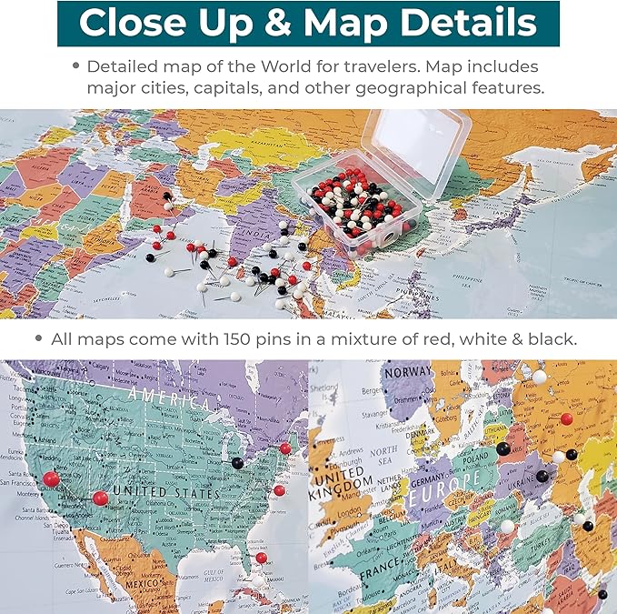Canvas - Personalized Blue Oceans World Push Pin Travel Map with Solid Wood Cherry Red Frame