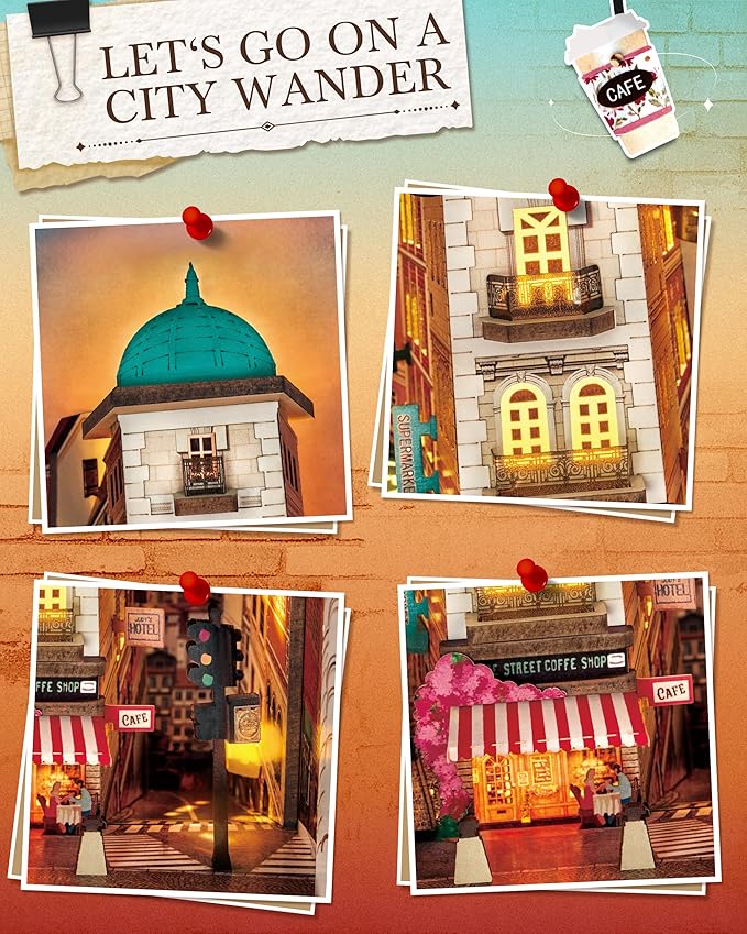 Rolife DIY Book Nook Kits Sunset Street Scene, Endless Stairs Bookshelf Decor 3D Wooden Puzzles for Adults, DIY Miniature House Model Building Kits, DIY Crafts/Birthday Gifts for Teens & Book Lovers
