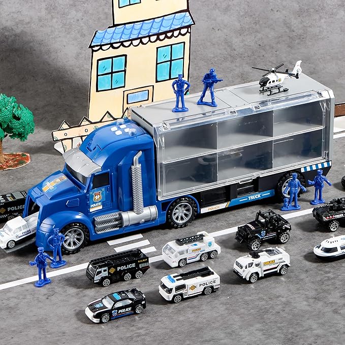 JOYIN 25 in 1 Police Rescue Truck Car Toy Set with Sounds and Lights, Mini Vehicles in Carrier Truck, Play Police Patrol Rescue Vehicle Toy, Christmas Birthday Gifts for Over 3 Years Old Boys