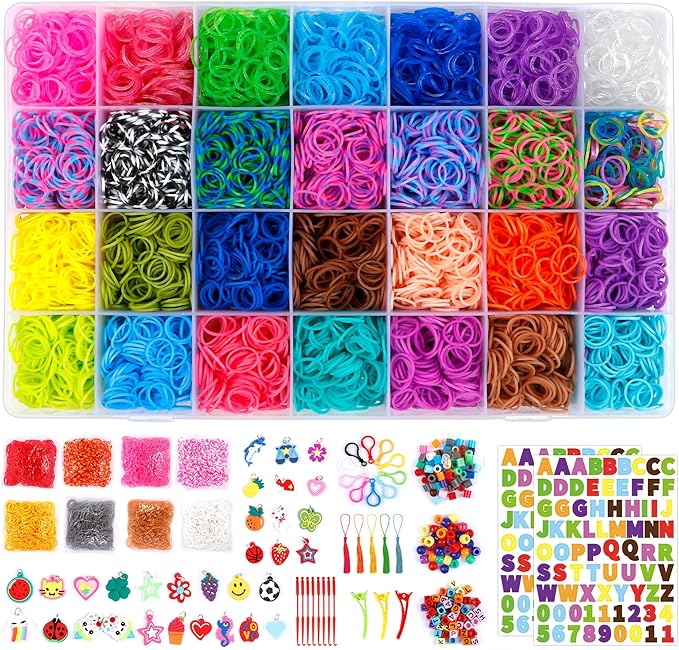 INSCRAFT 18975+ Loom Rubber Bands Kit in 37 Colors, 600 S-Clips, 252 Beads, 10 Backpack Hooks, 8 Crochet Hooks, 5 tassels and Letter Stickers, Bracelet Making Kit for Kids