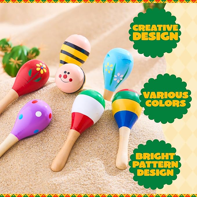 JOYIN 24 PCS Cinco De Mayo Mini Wooden Maracas for Kids, Fiesta Party Favors and Baby Maracas with Wooden Rattle Noisemakers Colorful Maracas Perfect for Cinco De Mayo Party