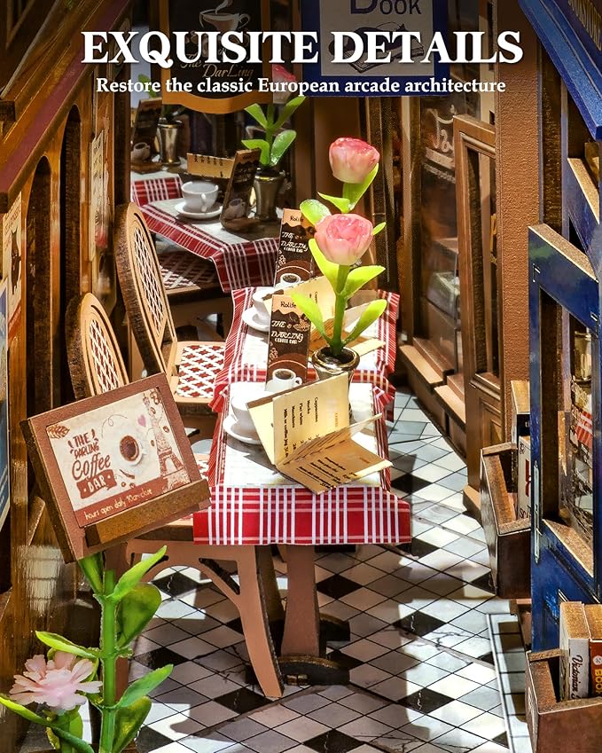 ROBOTIME DIY Book Nook Kits Dollhouse Room Bookstore Miniature House with LED Light 3D Wooden Puzzles for Adults Booknook Bookshelf Insert Decor Diorama Kit Unique Gifts（Arcade Dating）