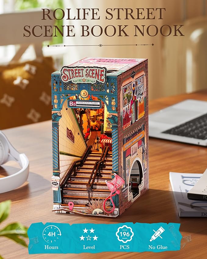 Rolife DIY Book Nook Kits Sunset Street Scene, Endless Stairs Bookshelf Decor 3D Wooden Puzzles for Adults, DIY Miniature House Model Building Kits, DIY Crafts/Birthday Gifts for Teens & Book Lovers