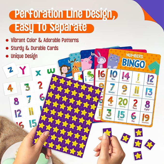 SpriteGru Alphabet & Numbers Bingo Game, Upper/Lowercase Letters, 52 First Words & 20 Numbers Learning- ABC and 123 Bingo Board Game for Kids 4-8, Perfect for Classroom & at Home (Up to 25 Players)