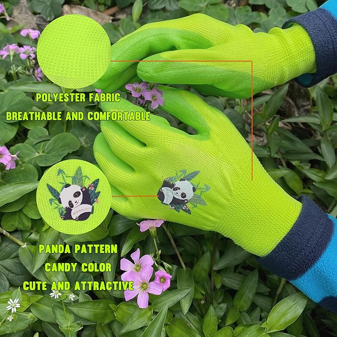 HANDLANDY 2 Pairs Kids Gardening Gloves, Toddler Children Garden Yard Work Outdoor Playing Gloves, Rubber Coating, for Girls Boys Youth (Size M, Green)
