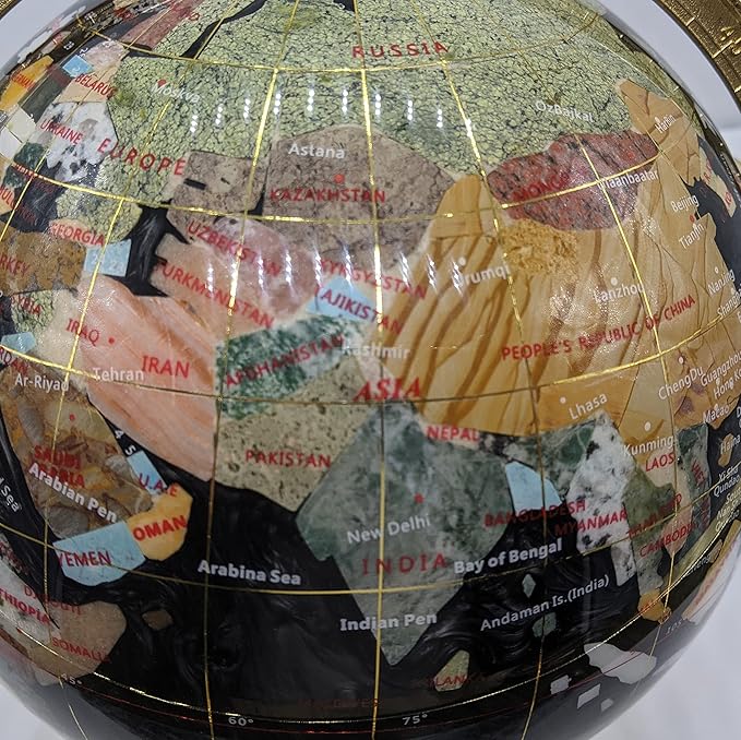 Limited Edition! Unique Art Since 1996 Black Pearl Swirl Table Top Gemstone World Globe with Tripod Gold Zinc Alloy Stand (BLACK PEARL WITH GOLD TRIPOD)