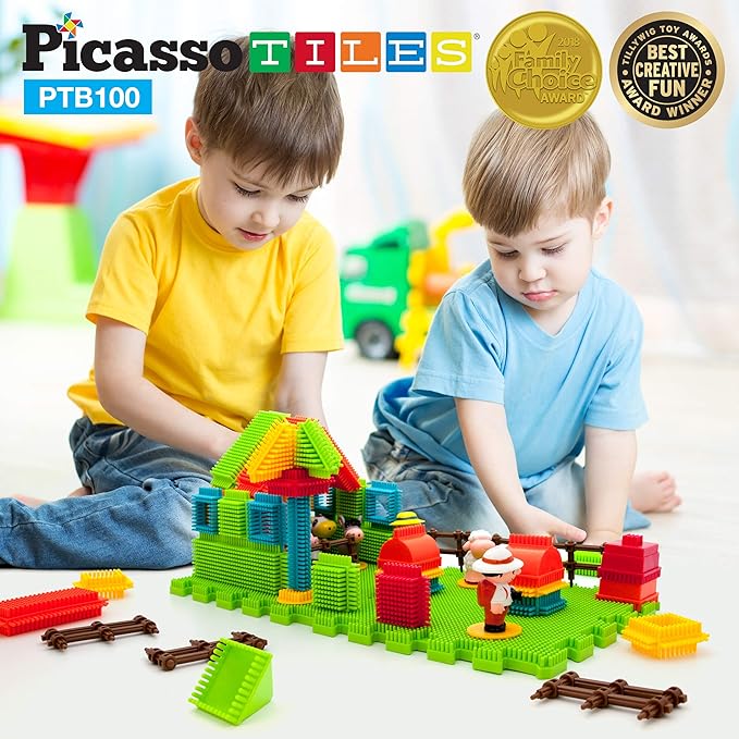 PicassoTiles PTB100 100pcs Hedgehog Shape 3D Building Blocks Tiles Farm Theme Set Learning Playset STEM Toy Set Educational Kit Child Branin Development Preschool Kindergarten Toy