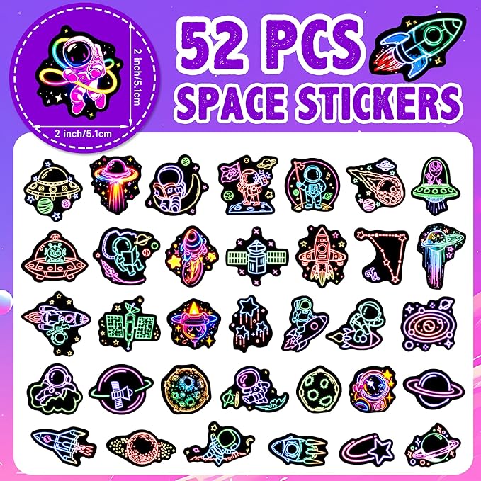 52 Pcs Neon Astronaut Stickers for Kids, Waterproof Space Sticker for Water Bottle, Vinyl Laptop Decals for Teens Girls Boys, Students Adults Sticker Pack