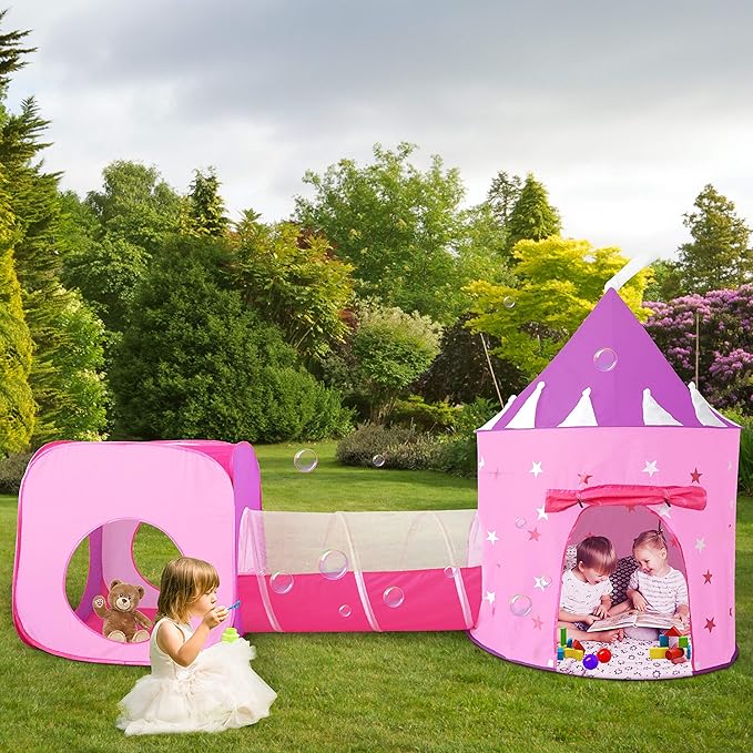 Princess Play Tent Set with Dress Up Tunnel, Castle Playhouse - Glow in The Dark Stars, Birthday Gift for Girls Age 3-7