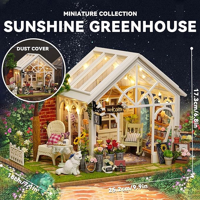 Flever DIY Miniature House Kit, Tiny Home Kit with LED Light, Mini House Build Craft Kits for Adults and Teens, Home Decor Creative Gift for Family/Friends (Sunshine Greenhouse)