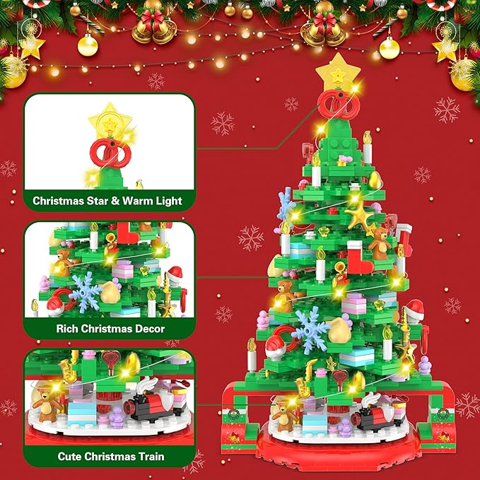 Flyart Christmas Tree Building Blocks, Toy Building Sets with LED Light, Christmas Tree Building Bricks with Christmas Train, Stocking, Snowflake, Xmas Gifts for Kids Adults Teens