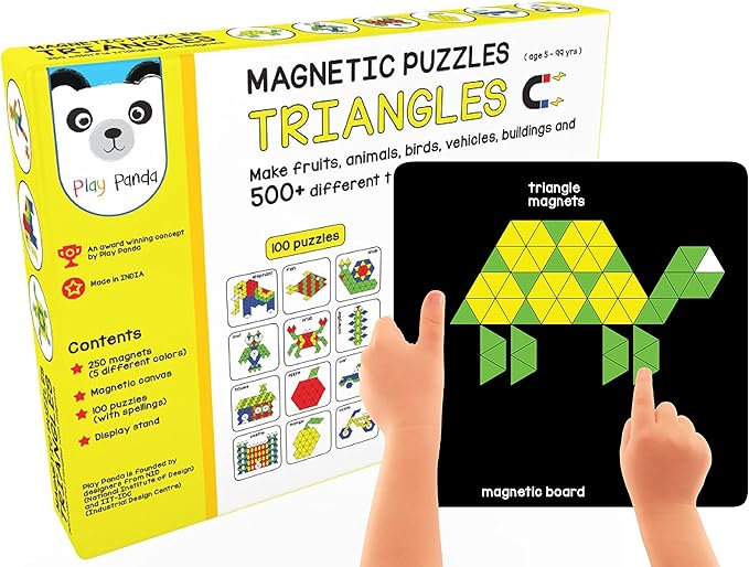 New Magnetic Puzzles : Triangles - Includes 250 Colorful Magnets 100 Puzzles Magnetic Board Display Stand