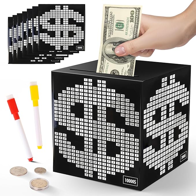 Primo Lines Piggy Bank for Adults,10k Savings Challenge Box, 5.91inch Money Saving Box 10,000 with Counter for Savings Goal $3000 $5000, Unbreakable Metal Cash Box with Money Target, Kakeibo Money Box