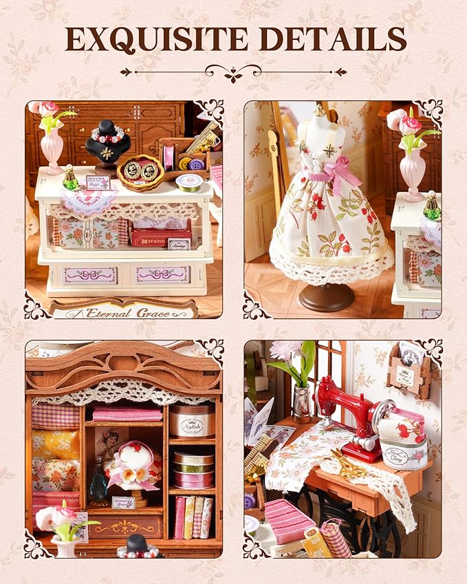 ROBOTIME DIY Miniature House Kit, Elsa’s Tailoring Dollhouse Kit, Mini Wooden Furniture Kit for Adults, Sewing Shop Building Model, Creative Craft Gift for Birthday/Christmas/Hobby Enthusiasts
