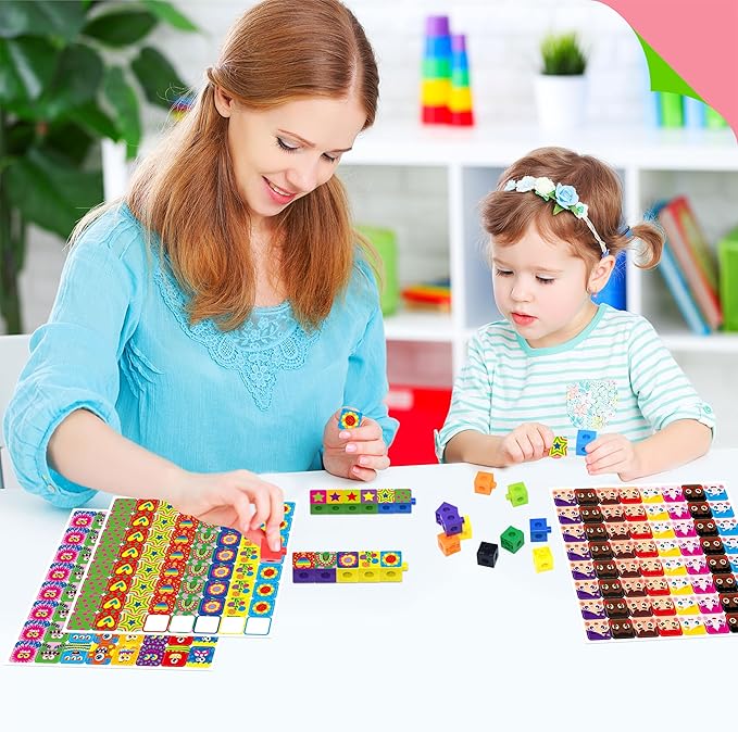 100 Math Linking Cubes, Math Cubes with 320 Reusable Stickers Manipulative Geometric Shapes Connecting and Counting Snap Blocks for Early Math & Construction, Educational Toy for Preschool, Homeschool