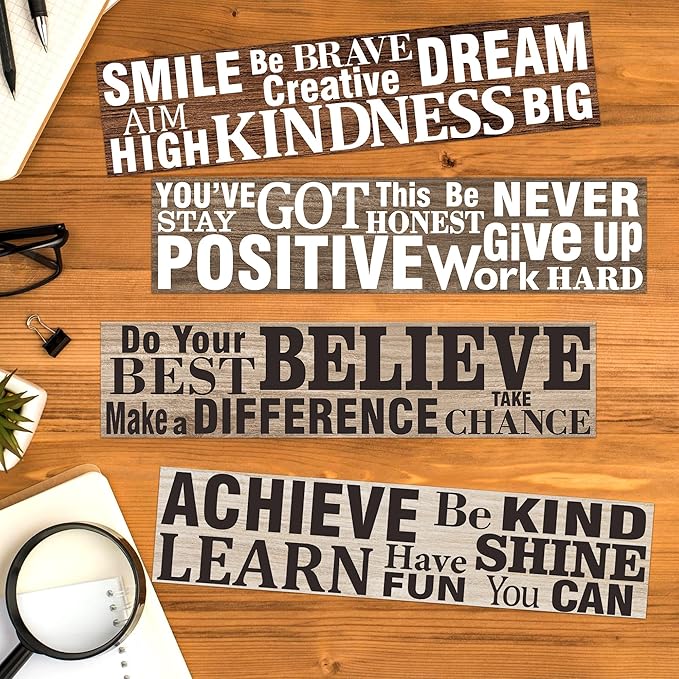 BeYumi Positive Sayings Border Trim - 80Pcs Back to School Wood Grain Farmhouse Positive Sayings Straight Bulletin Board Borders Grainy Motivational Inspirational Quota School Offices Chalkboard Decor
